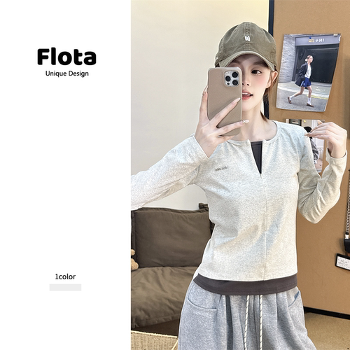 【flota】撞色假两件半拉链短款长袖T恤秋季运动休闲百搭上衣2854
