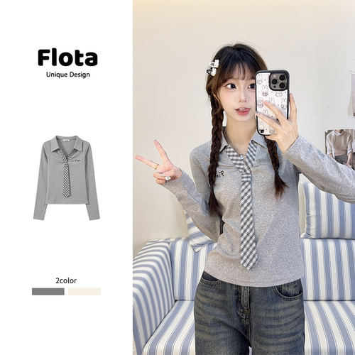 【flota】学院风格纹领带设计感正肩长袖T恤女显瘦Polo领上衣2604