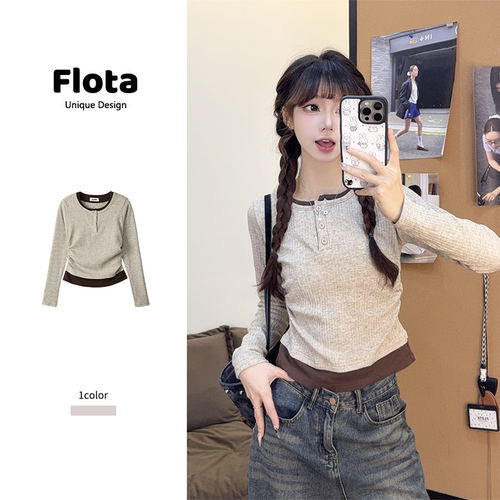 【flota】美式复古撞色假两件修身长袖打底衫秋季内搭短上衣2199