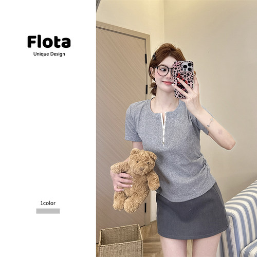 【flota】简约百搭亨利领纽扣正肩短袖夏季休闲修身显瘦上衣2417