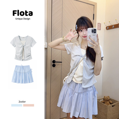 【flota】设计感撞色拼接扭结假两件短袖夏季修身显瘦短上衣2284