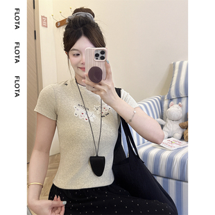 flota 短款 趣味可爱植绒毛巾绣猫咪修身 夏季 正肩上衣1710 短袖