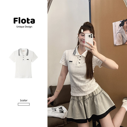 【flota】韩系学院风白色Polo领针织短袖夏季修身显瘦上衣女1436