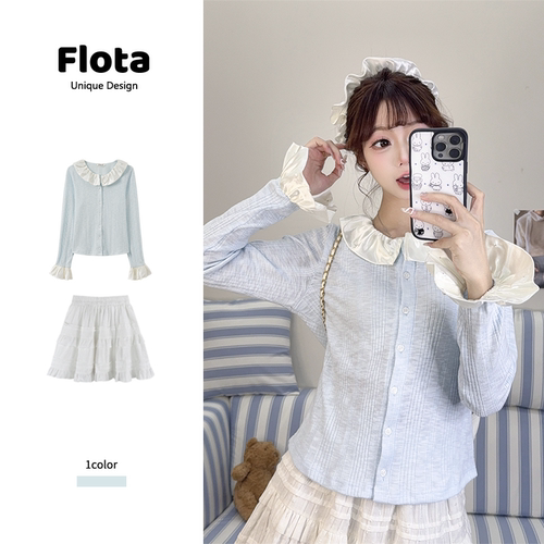 【flota】小清新蓝色娃娃领钉珠喇叭长袖女秋季开衫甜美上衣2638