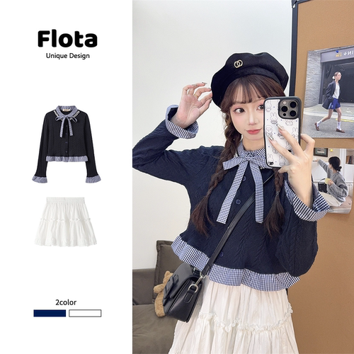 【flota】小香风钉珠格纹蝴蝶结荷叶边短款长袖设计感上衣女2282