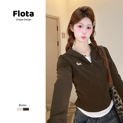 【flota】 刺绣小狗假两件半拉链长袖t恤日系学院风连帽上衣2959