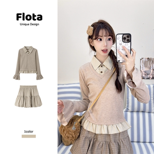 女荷叶边喇叭袖 复古设计感格纹拼接Polo领长袖 上衣2628 flota