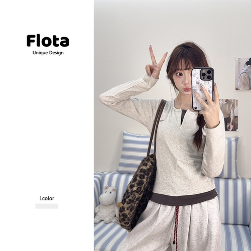 【flota】美式复古撞色假两件半拉链长袖T恤修身显瘦短款上衣2854