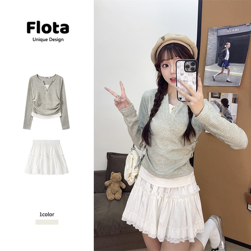 【flota】假两件纯色V领长袖打底衫秋季新款修身显瘦内搭上衣2204
