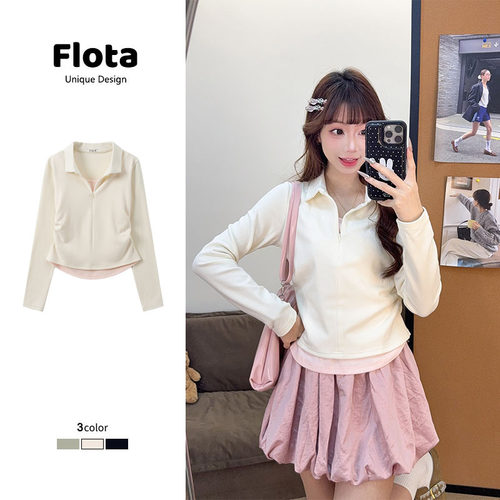 【flota】韩系复古假两件加绒POLO半拉链甜美设计感修身显瘦2968