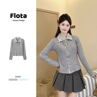 修身 别致格纹花朵拼接Polo领针织长袖 显瘦早秋上衣2496 flota