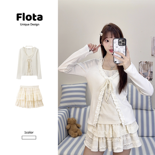 【flota】甜妹风假两件波点挂脖长袖T恤木耳边设计感内搭上衣2711