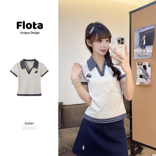 【flota】韩系减龄格纹拼接Polo领短袖夏季猫咪刺绣短款上衣2415