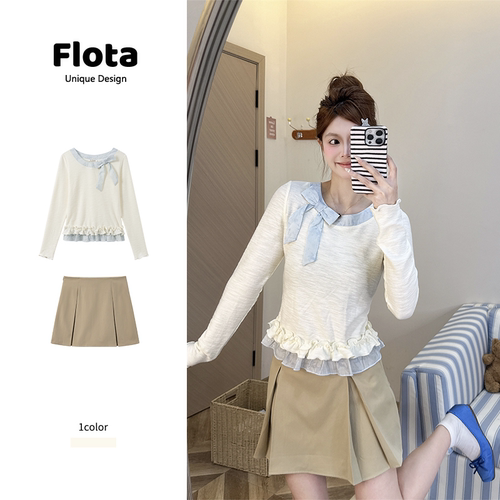 【flota】纯欲风蝴蝶结拼接荷叶边长袖秋季设计感打底衫上衣2901