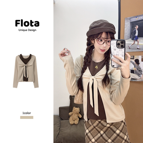 【flota】美拉德风撞色扭结假两件长袖打底衫女正肩短款上衣2823