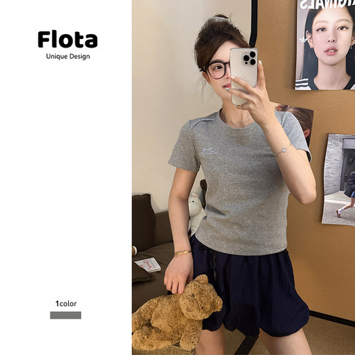 【flota】灰色蝴蝶结刺绣插肩袖ins风夏季圆领修身短袖上衣女1228