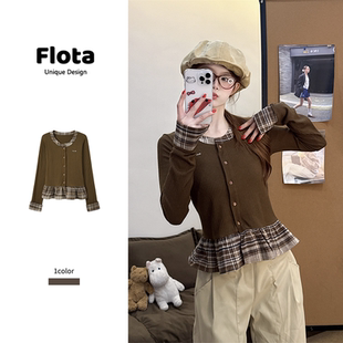荷叶边下摆短款 复古棕色格纹拼接针织长袖 美式 上衣2561 flota