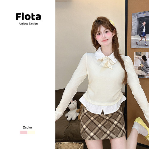 【flota】波点绑带假两件polo长袖T恤女甜妹少女风收腰上衣3037