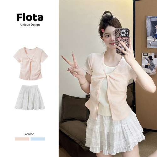 【flota】韩系甜美撞色假两件扭结短袖T恤夏季设计感显瘦上衣2284