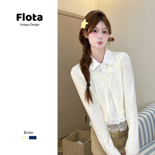 【flota】甜美风假两件Polo领蕾丝边长袖正肩百搭显瘦上衣2963