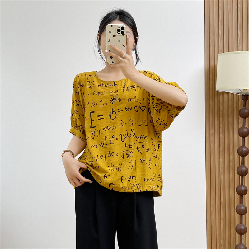 惠衣阁夏女短袖棉麻衬衫套头印花上衣韩版宽松休闲复古亚麻衬衣