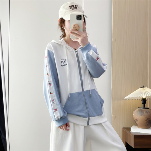 惠衣阁春女毛圈棉长袖卫衣连帽卫衣减龄刺绣卫衣外套棒球服夹克衫