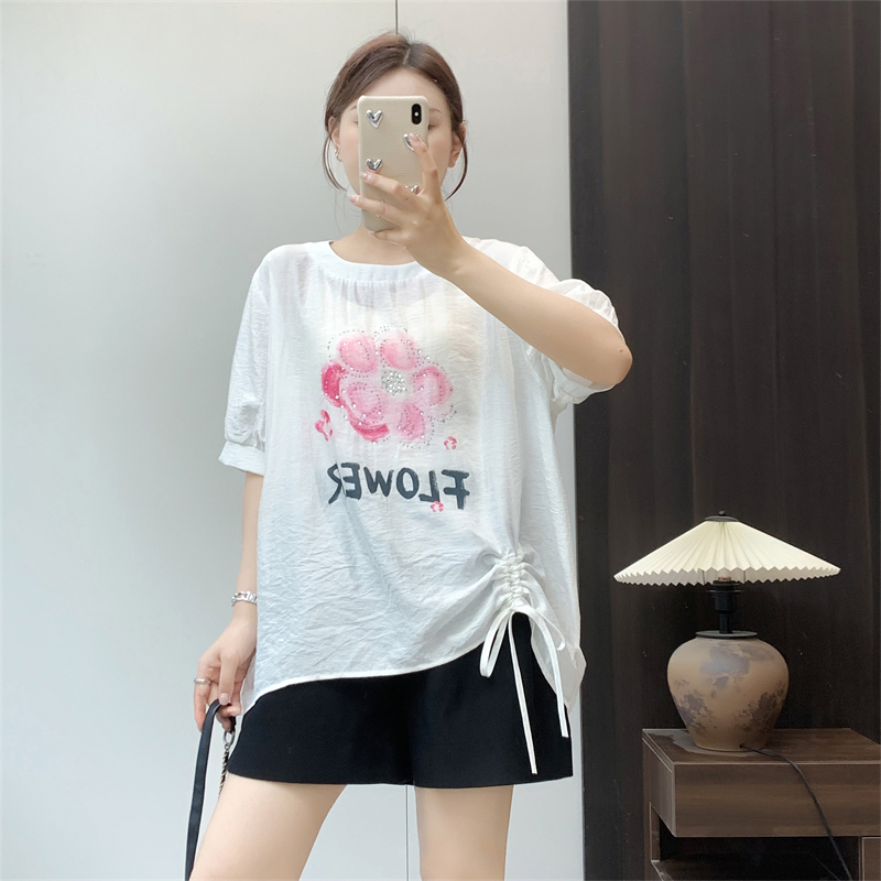 惠衣阁夏季女短袖衬衫抽绳衬衫韩版宽松休闲凉快上衣a字衬衣
