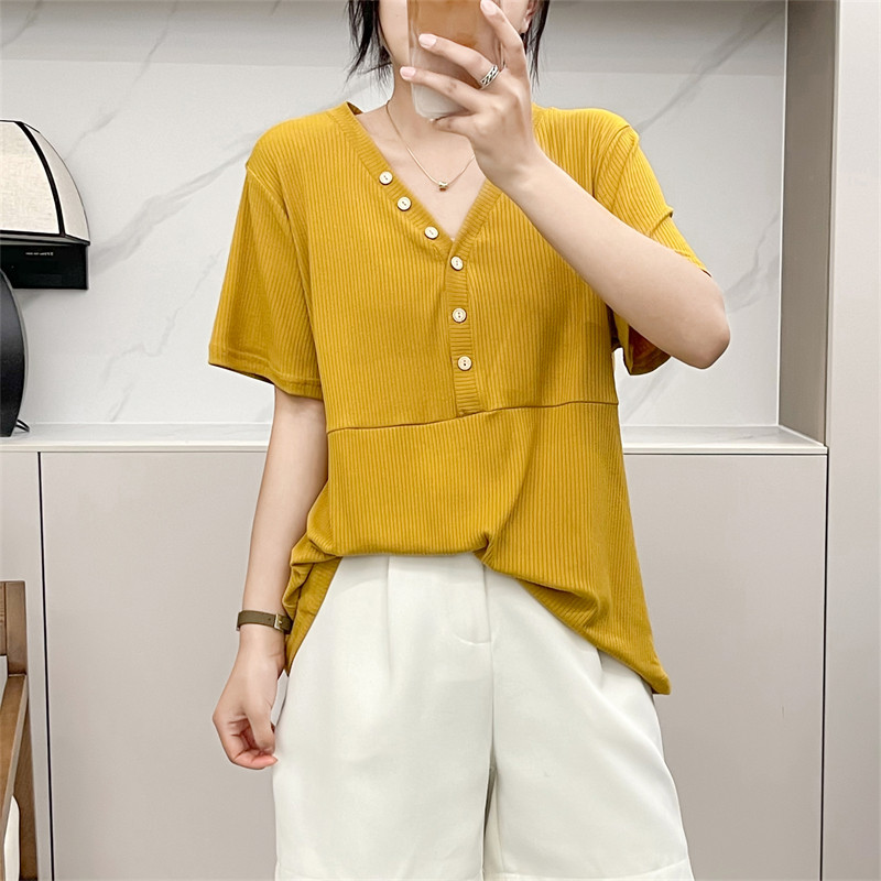 惠衣阁夏女棉质短袖T恤衫套头V领针织衫韩版宽松休闲弹力针织t恤