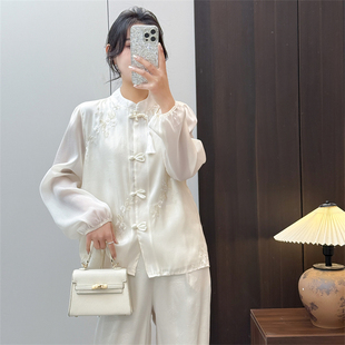 惠衣阁春季女长袖立领衬衫国风衬衫欧根纱刺绣衬衫新中式盘扣衬衣