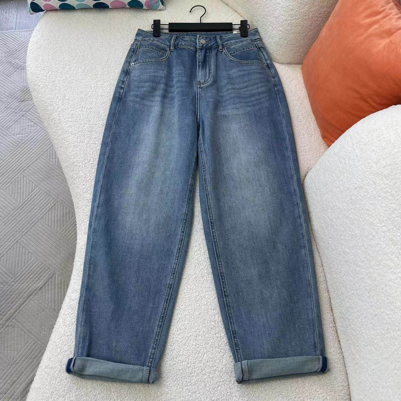 惠衣阁春夏女高腰牛仔裤牛仔长裤韩版宽松休闲裤磨白做旧老爹裤