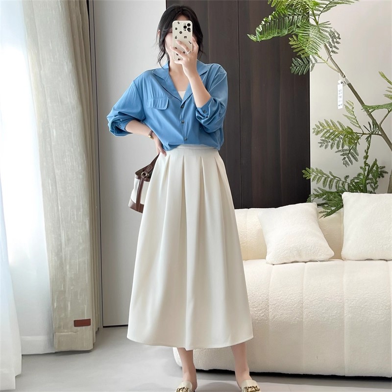 微次秋季女高腰半身裙高腰中长裙韩版休闲通勤职业裙大裙摆