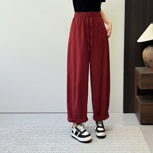 弯刀裤 惠衣阁夏女棉质松紧腰高腰九分裤 红色垮裤 宽松休闲裤 阔腿裤