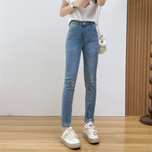 弹力磨破牛仔铅笔裤 惠衣阁春夏女高腰牛仔裤 修身 韩版 牛仔小脚裤