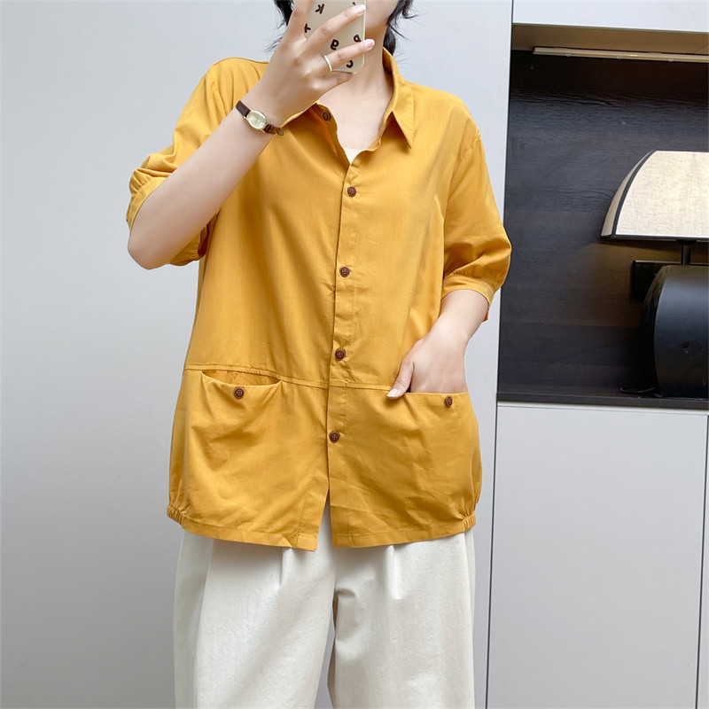 惠衣阁夏季女短袖棉麻衬衫纯色上衣韩版宽松文艺亚麻衬衣透气凉快