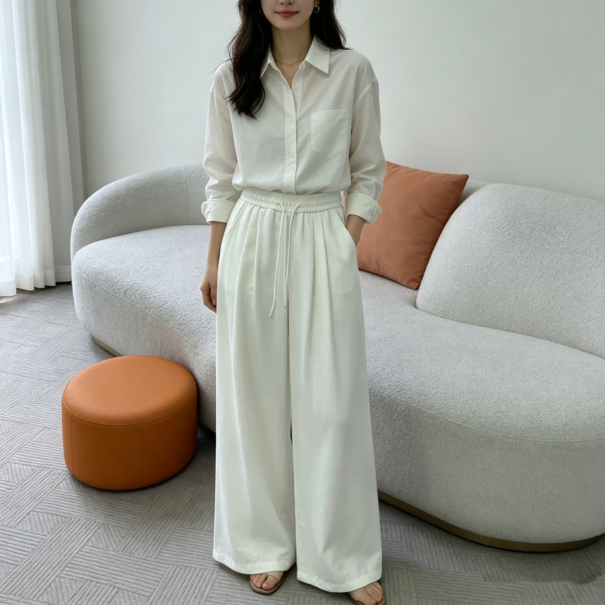 惠衣阁春夏女松紧腰直筒裤长裤韩版宽松休闲裤纯色阔腿裤薄款裤子