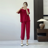 套头V领上衣松紧腰九分裤 衬衫 短袖 妈妈装 惠衣阁夏季 女两件套装