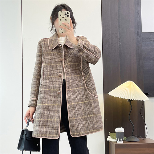 惠衣阁秋季女双面呢外套中长款外套韩版宽松轻熟格子外套呢子外套