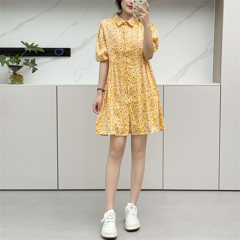 夏女仿缎面短袖连衣裙碎花连衣裙
