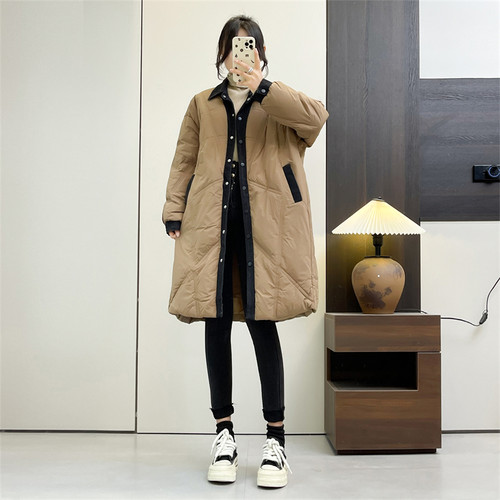 惠衣阁冬季女长袖羽绒服中长款羽绒外套宽松休闲格纹衬衫羽绒服