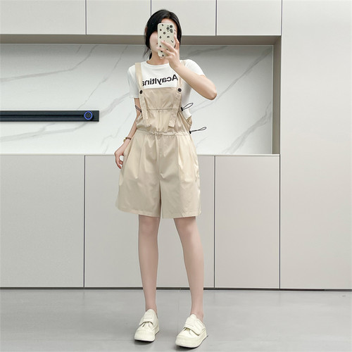 惠衣阁夏季女棉质高腰背带裤背带短裤韩版宽松休闲学院风减龄短裤