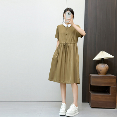 惠衣阁夏季女短袖连衣裙铜氨丝连衣裙韩版休闲文艺抽绳高腰中长裙