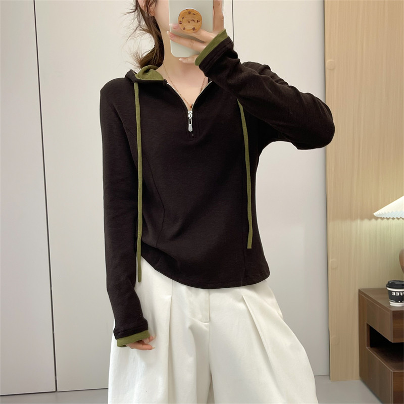 惠衣阁春季女棉质长袖连帽T恤衫连帽卫衣韩版休闲运动衫连帽外套