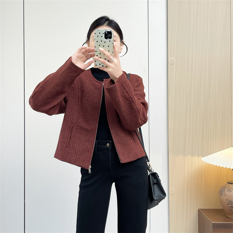 惠衣阁秋季女长袖毛呢外套短款呢子外套韩版复古休闲通勤格纹外套