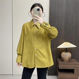 惠衣阁秋季女棉质长袖衬衫中长款衬衫韩版宽松休闲通勤衬衣大码