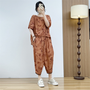 惠衣阁夏季女两件套装短袖衬衫前短后长上衣松紧腰九分裤妈妈装