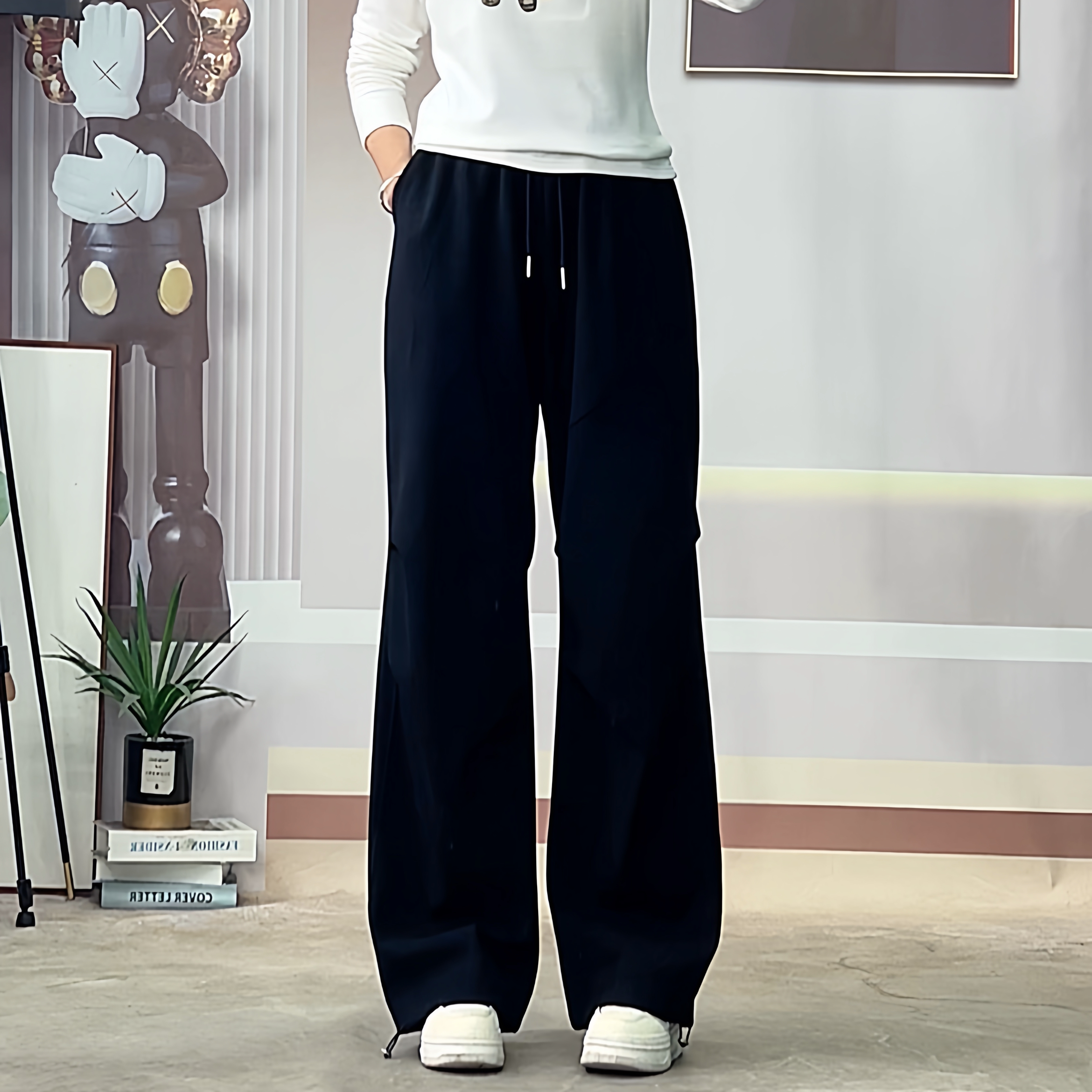 惠衣阁春季女棉质松紧腰运动裤弯刀裤韩版宽松休闲裤工装裤束脚裤