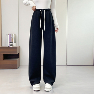 惠衣阁秋冬女松紧腰高腰毛呢长裤宽松弯刀裤加厚直筒裤格纹阔腿裤