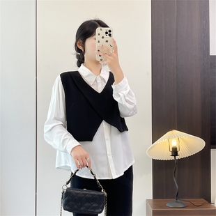 惠衣阁秋季女长袖衬衫假两件套衬衫韩版宽松休闲通勤衬衣打底上衣