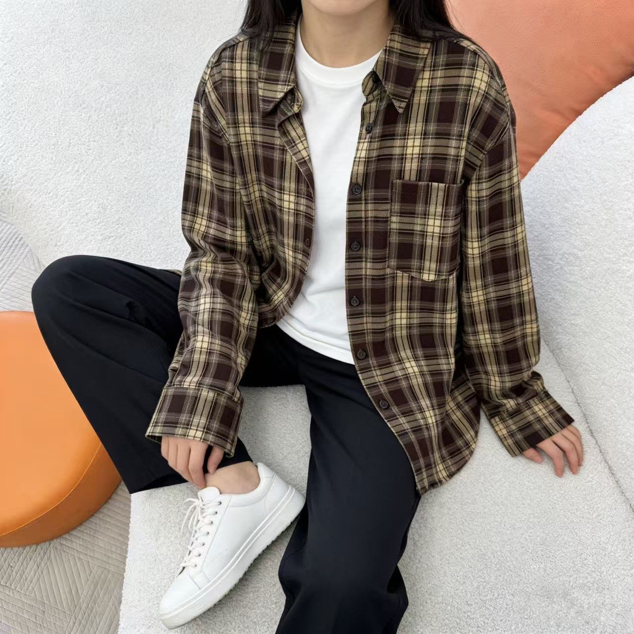 惠衣阁春季女棉质磨毛长袖衬衫格子衬衫韩版宽松休闲格子薄外套