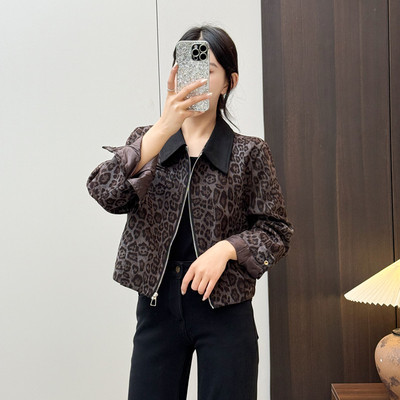 惠衣阁春季女麂皮绒短款外套豹纹外套休闲复古短款夹克衫上衣